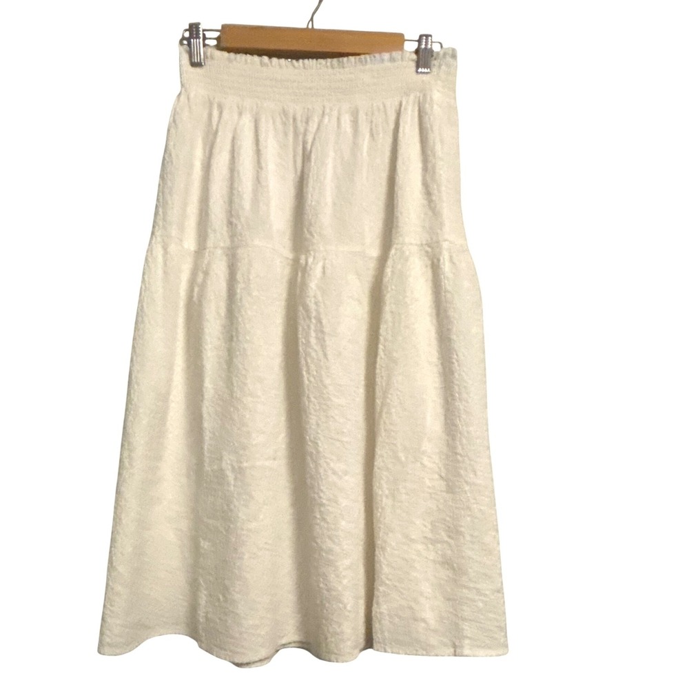 Nine West White Crinkle Tiered Midi Skirt Smocked Waist L
